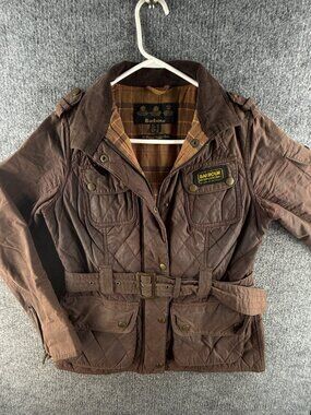 Barbour Quilted International Waxed Jacket Women Full Zip Size US 6 Brown Red